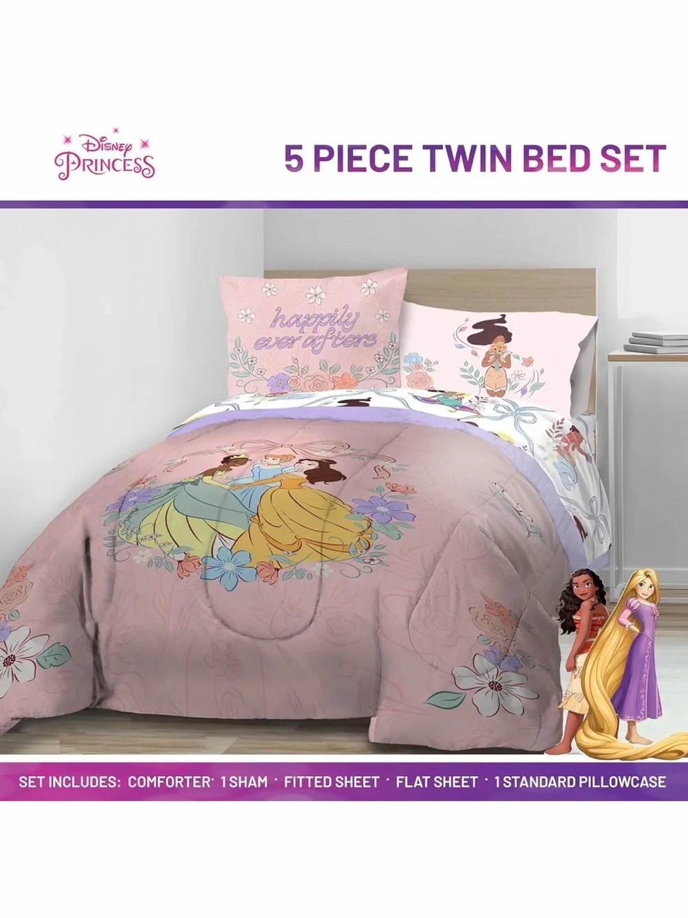 Pink Disney Princess👸Soft & Cozy 5 Pcs Twin Bed🛏️Set